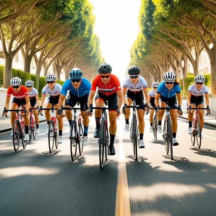 Cycling team riding together