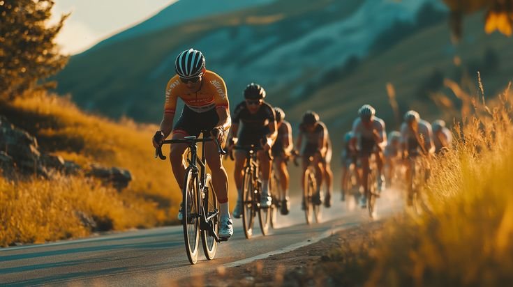 Group cyclists on road journey